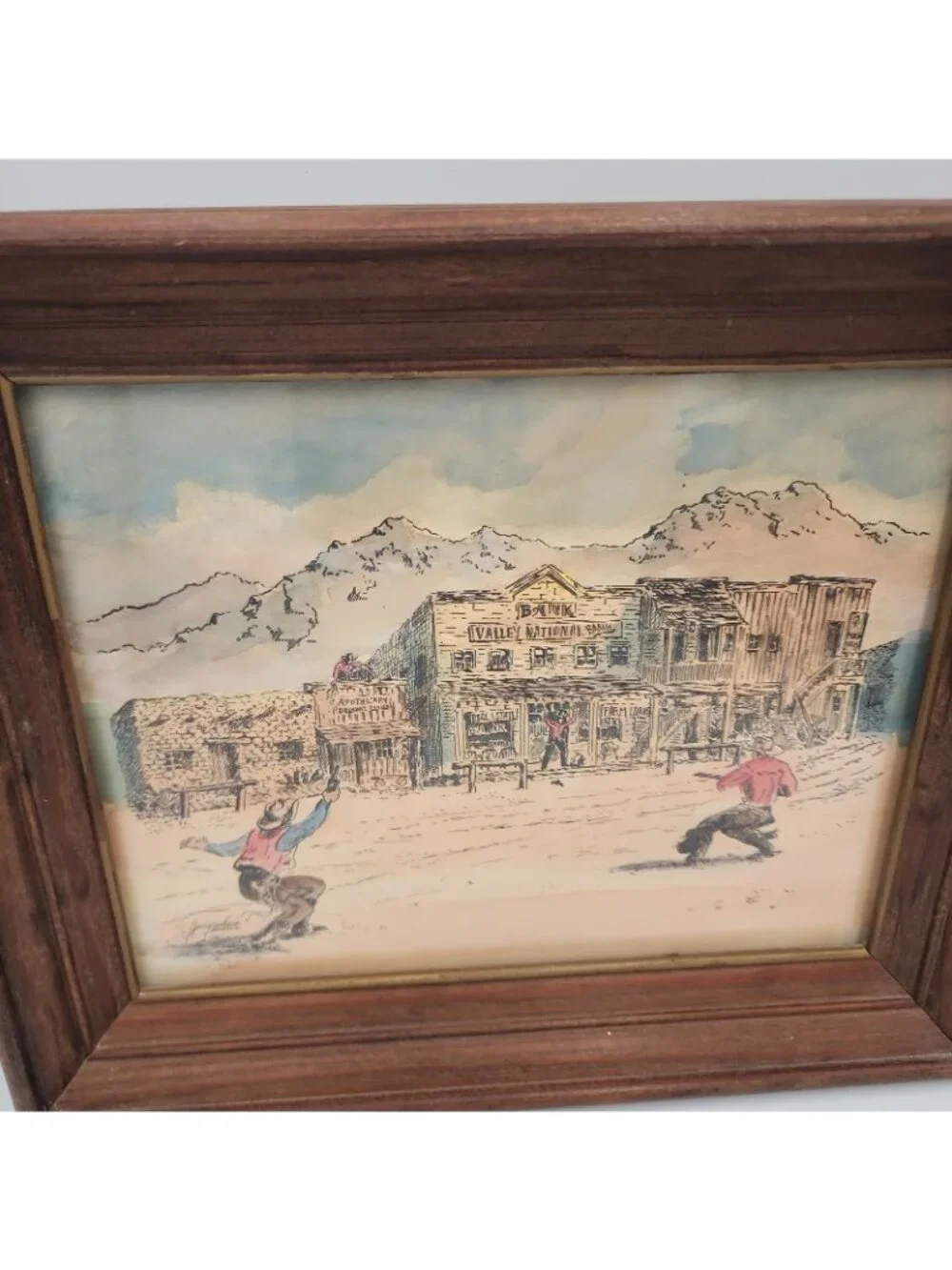 Vintage Framed Drawing Art Jaco Horton Western Cowboy Town 11x13